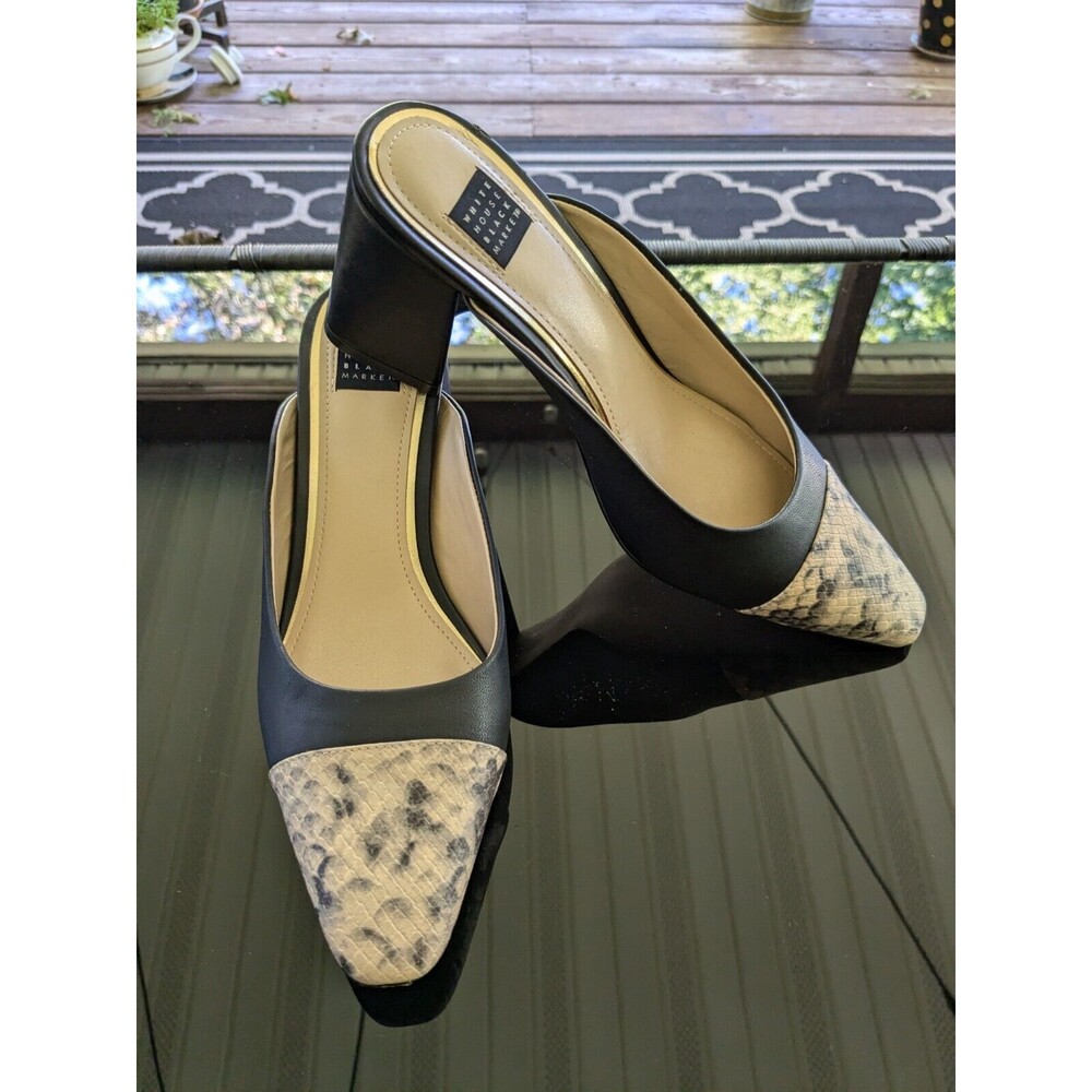 White House Black Market Shoes Womens 7.5 Black Beige Snake Print Leather Mules